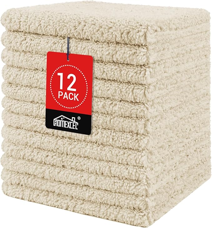 HOMEXCEL Microfiber Washcloths 12 Pack, Highly Absorbent and Soft Face Towel, Multi-Purpose Wash Cloths for Bathroom, Gym, Hotel, Spa and Kitchen, Multicolor 12x12 Inch, Brown