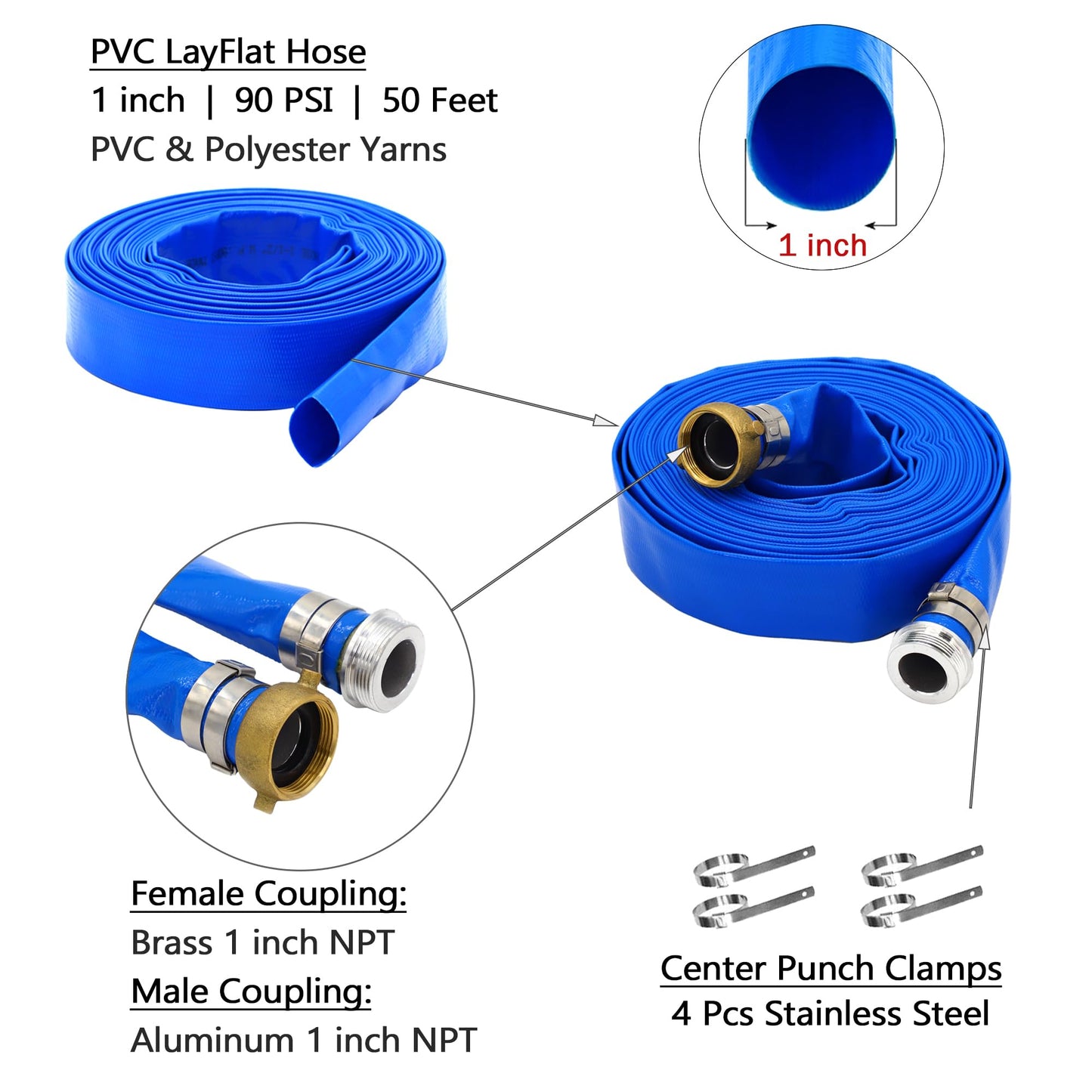 DAVCO 1" ID x 50 ft Pool Backwash Hose, Heavy Duty Reinforced Blue PVC Lay Flat Water Discharge Pump Hoses For Swimming Drain Pools and Clean Filters, With Aluminum Pin Lug Fittings