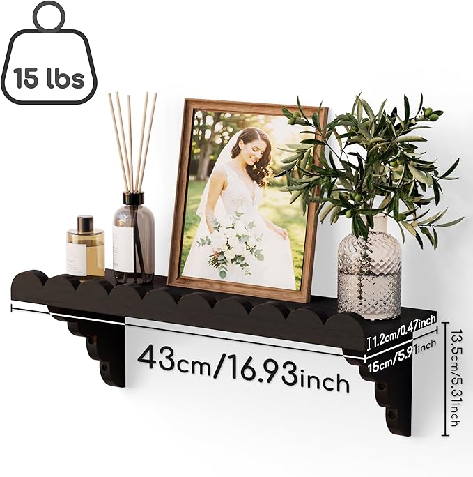 QsQueen Scalloped Wood Wall Shelf Ã¢ÂÂ 17 Inch Floating Shelf with Wood Brackets, Easy to Install Rustic Wall Shelf for Living Room, Bedroom, Bathroom, or Any Space, Black Shelves