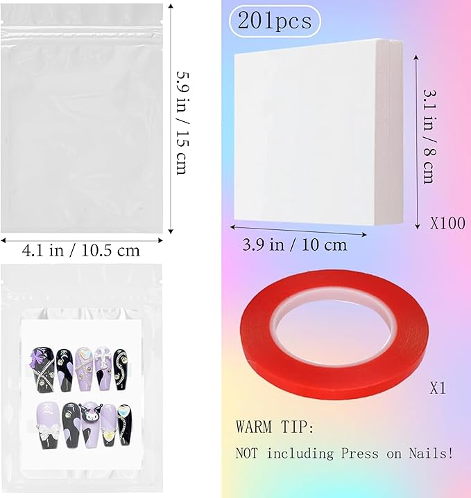 Qenk 100PCS Empty Holographic Nail Storage Bag Press on Nail Packaging Bag and 100PCS Shiny white cardboard Nail Tips Packaging Bags with 1 Roll Transparent Tape (White)