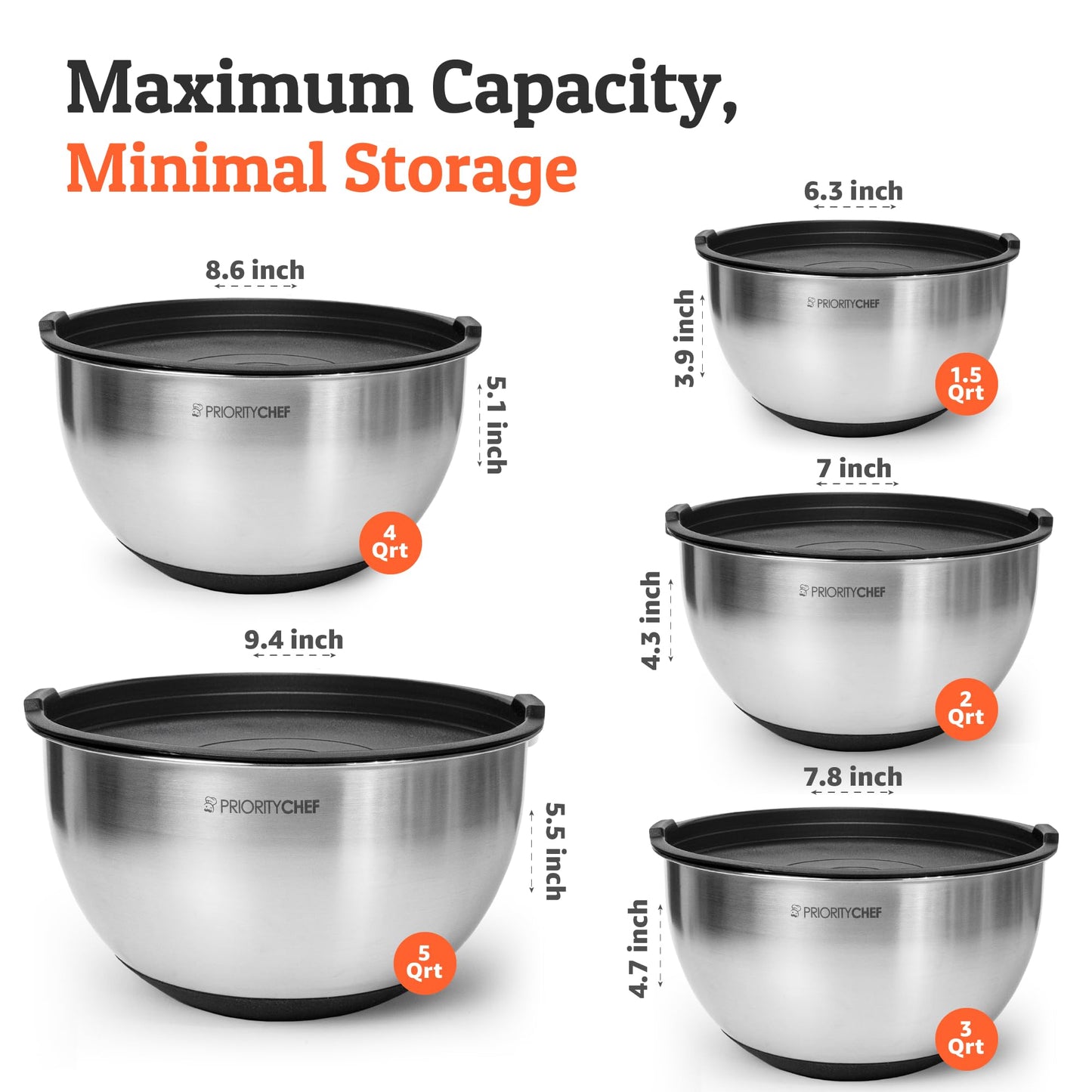 Priority Chef Premium Mixing Bowls With Lids Set, Airtight Lids, Thicker Stainless Steel Mixing Bowl Set, Large Prep Metal Bowls, Nesting Bowls for Kitchen, 1.5/2/3/4/5 Qrt, Black