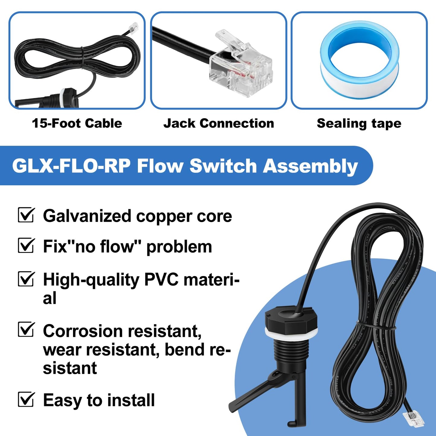 GLX-FLO-RP Flow Switch for Hayward Goldline Aquarite Salt Systems - Pool Flow Sensor with 15ft Cable - Replaces GLXFLORP - Protects Salt Cell & Chlorine Generator