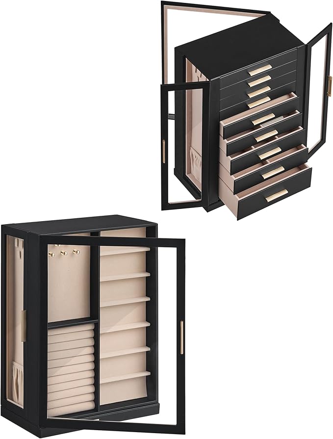 Glimmloop 360ÃÂ° Rotating Jewelry Box with 9 Drawers, Spacious Vertical Jewelry Organizer with Glass Window, Jewelry Storage Case, Dustproof & Moisture-resistant Design, Black