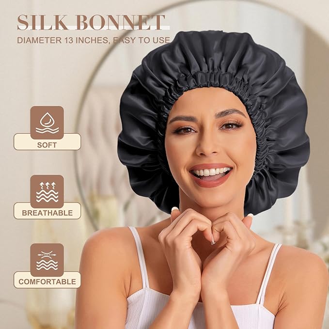 Satin Bonnet Silk Bonnet Hair Bonnet for Sleeping-Slouchy Beanie Hat Satin Sleep Cap for Women's Natural & Curly Hair(Black&Navy)