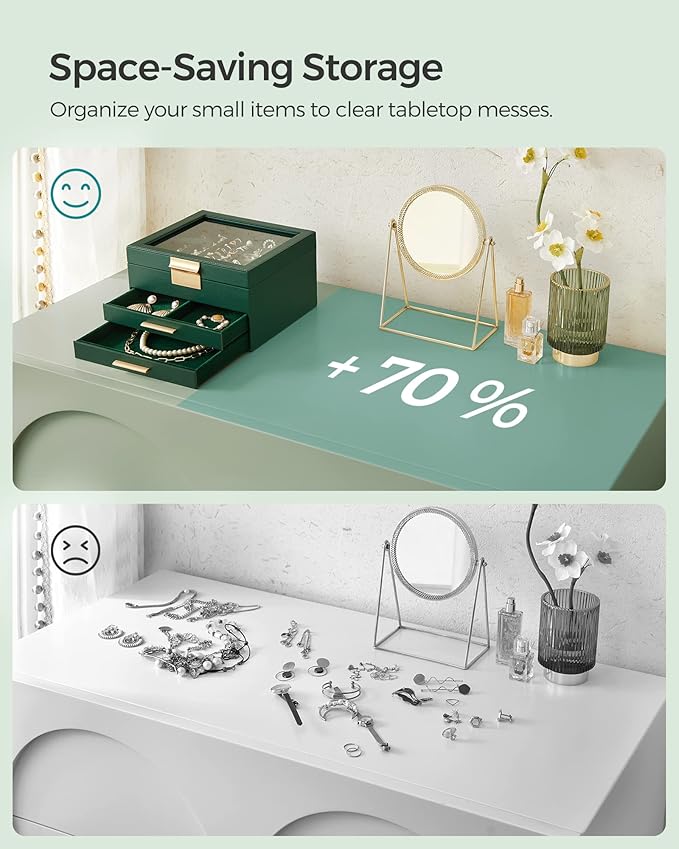 SONGMICS GISELLA Collection - Jewelry Box Organizer, 3-Layer Jewelry Storage with 2 Drawers, Shiny Metal Hardware, Glass Lid, Modern, 8 x 9.1 x 5.3 Inches, Forest Green and Gold Color UJBC239C01