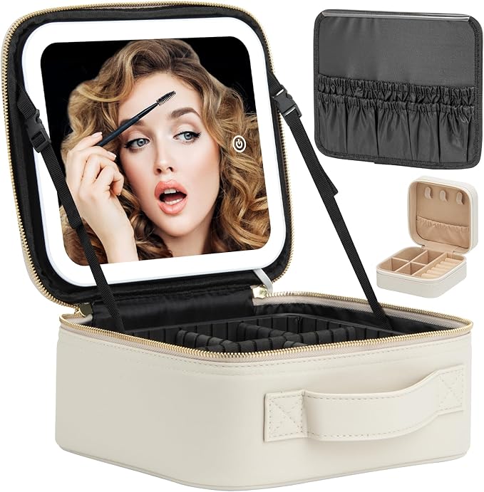 Makeup Travel Train Case with Mirror LED Light 3 Adjustable Brightness Large Cosmetic Bag Portable Storage Adjustable Partition Waterproof Make up Brushes Makeup Jewelry Gift for Women