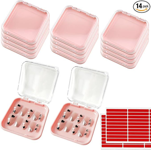 14 Pcs Press On Nail Packaging Box Press on Nail Storage Box for Press Ons with 60 Pcs Adhesive Double Sided Tape for Fake Nail Storage Case Nail Display Nail Salon Supplies Nail Art Business (Pink)
