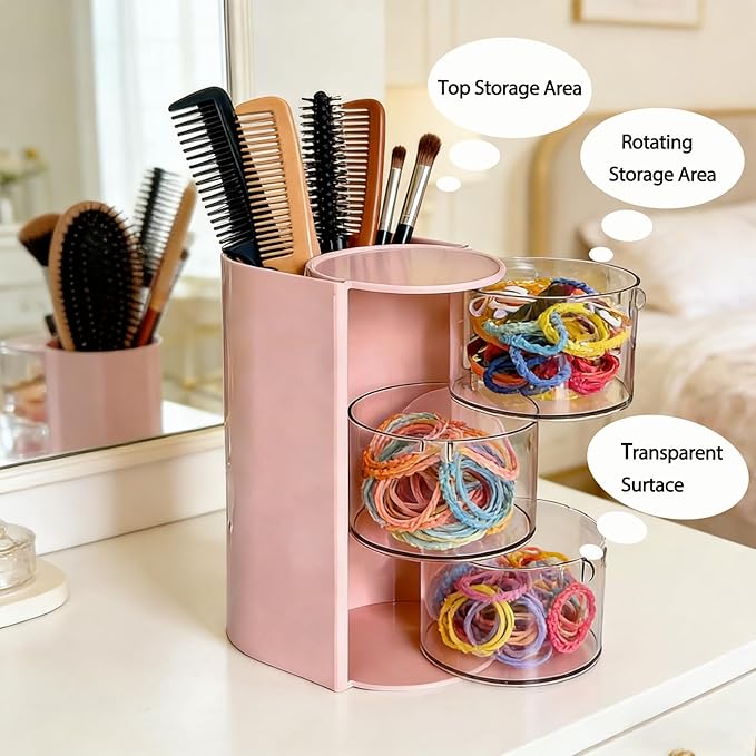 Hair Accessories Organizer for with Hair Brush Holder, Divided Rotatable Makeup Easy Organization of Hair Clips, Rings, Earrings, Makeup Brushes, Hair Clip and Hair Accessories (Pink, 3-Layer)