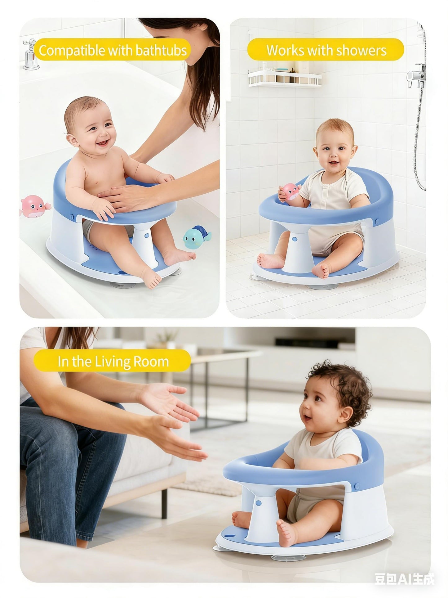 Baby Bath Seat for Babies 6 Months & Up, Bath Seats for Babies Sitting Up, 3 Baby Bath Toys, Open Design, Non-Slip, Compact Toddler Bath Seat.