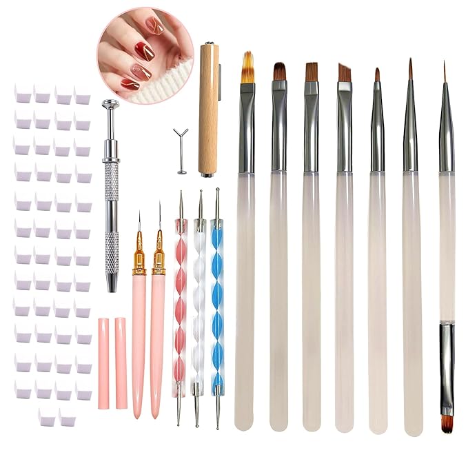 65Pcs Nail Art Tools Set, Professional 7Pcs Nail Art Brushes and 2Pcs Striping Liner Brush, 3Pcs Dual Tipped Dotting Pens, 4-Types Cat Eye Magnet, 50Pc Nails Sponges for Ombre & Grabbing Pen