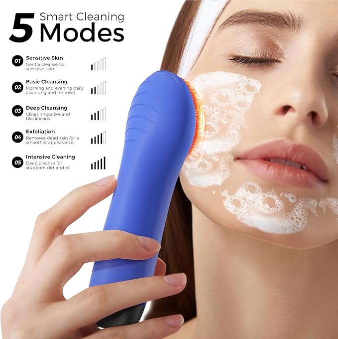 Face Scrubber Facial Cleansing Brush - Waterproof and Rechargeable Face Cleansing Brush with 4 LED Gentle Light, Cleansing, Exfoliating and Massaging, Electric Face Scrub Brush for Men & Women