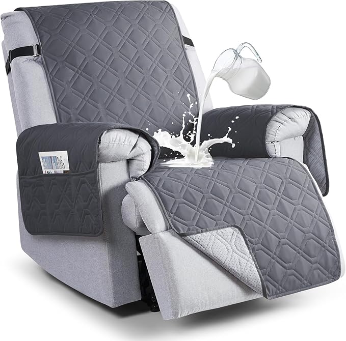 VANSOFY 100% Waterproof Recliner Chair Covers, Recliner Cover Non-Slip Dog Chair Cover Furniture Protector Washable Slipcover with Pocket, Elastic Straps for Pets, Dogs(Dark Gray, 28")