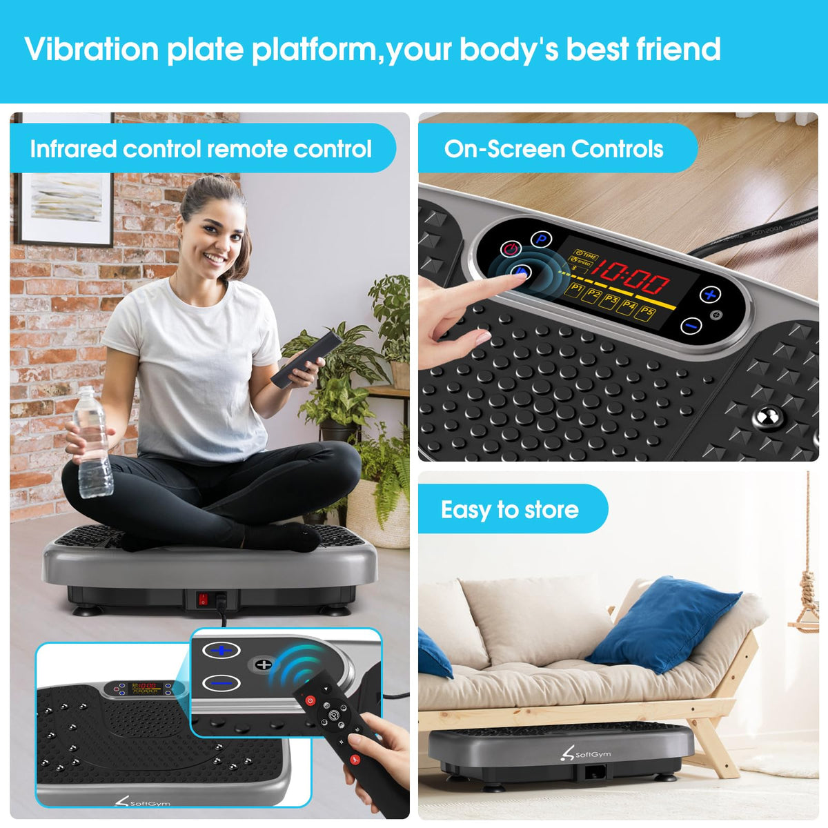 SoftGym Vibration Plate Exercise Machine for Lymphatic Drainage Weight Loss,120 Speed Levels Vibrating Platform with Resistance Bands,Full-Body Workout Equipment for Muscle Toning