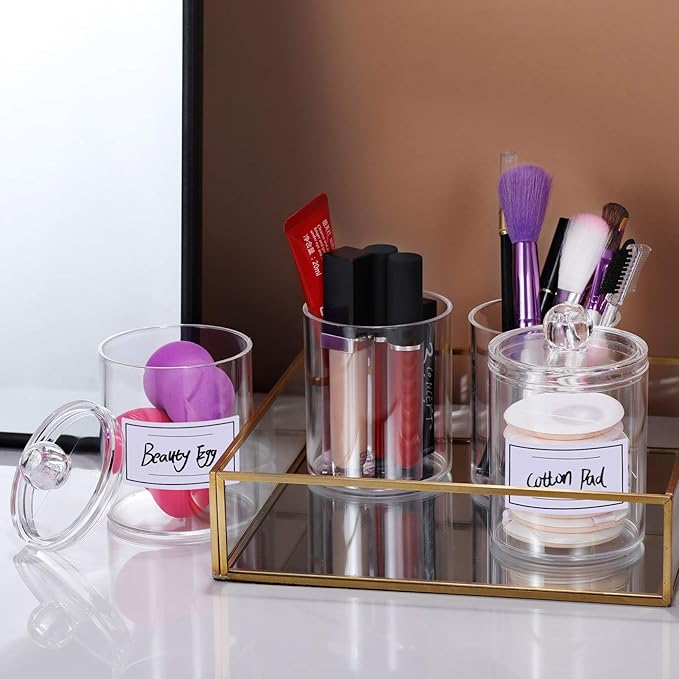 AOZITA 4 Pcs, Acrylic Qtip Holder Dispenser for Cotton Swab, Ball, Round Pads, Floss Picks - Clear Plastic Apothecary Jar Set for Bathroom Canister Storage Organization, Vanity Makeup Organizer