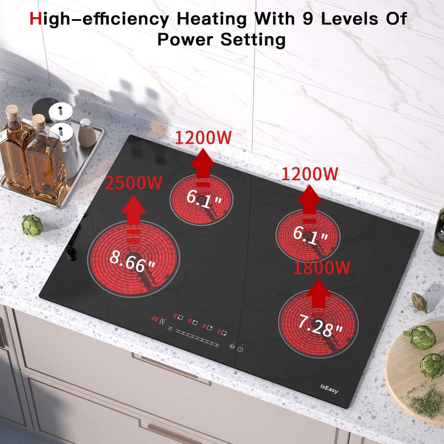 IsEasy 30 Inch Ceramic Electric Cooktop 4 Burner Built-In Electric Stove Top with Touch Sensor Control, 9 Power Levels, Timer, Child Safety Lock, 220-240V Glass Cooktop