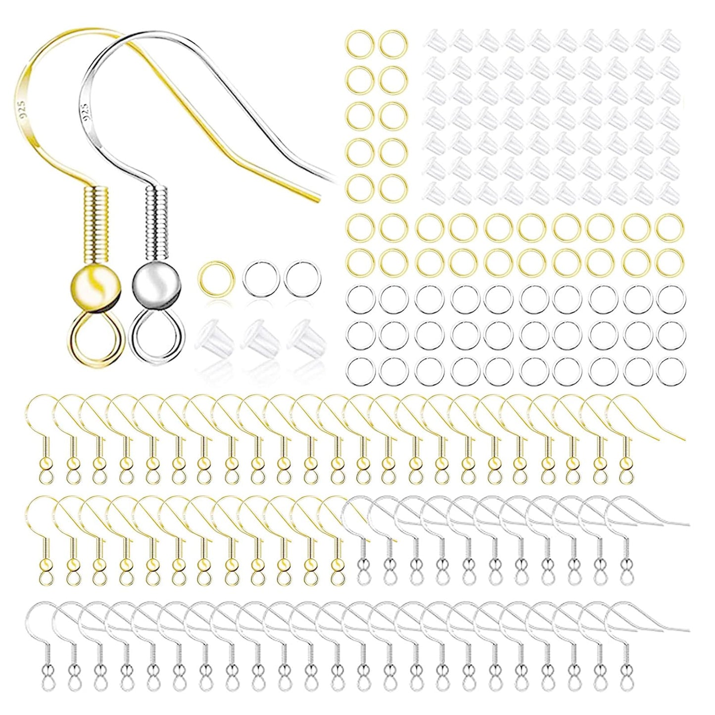 Hypoallergenic Earring Hooks 800 PCS/125 Pairs, Silver Plated Fish Hooks,500pcs Earring Making Kit with Jump Rings and Clear Silicone Earring Backs Stoppers for DIY Jewelry Making