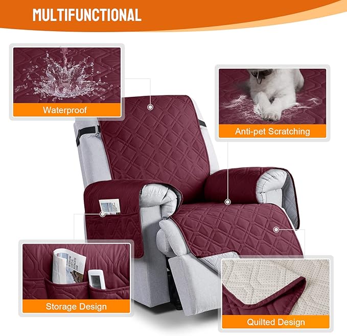 VANSOFY 100% Waterproof Recliner Chair Covers, Recliner Cover Non-Slip Dog Chair Cover Furniture Protector Washable Slipcover with Pocket, Elastic Straps for Pets, Dogs(Burgundy, 28")