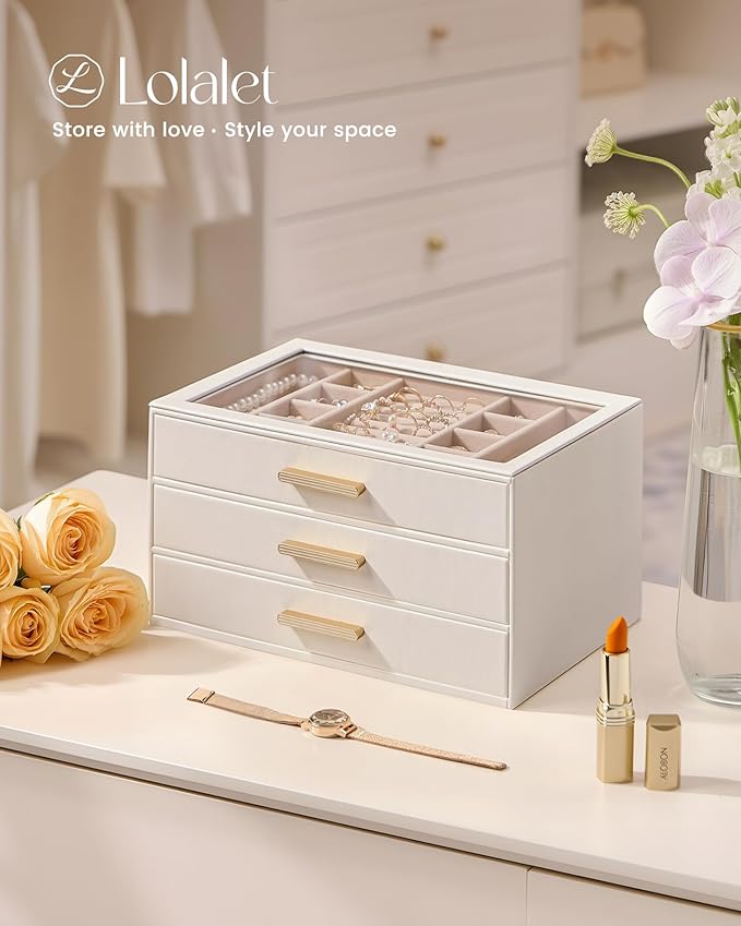 Lolalet Jewelry Box Organizer, 3-Layer Jewelry Organizers and Storage Case with Glass Lid, Ring Earring Bracelet Necklace Holder Organizer, Birthday Valentine Gifts for Women Girls -3Layer, Beige