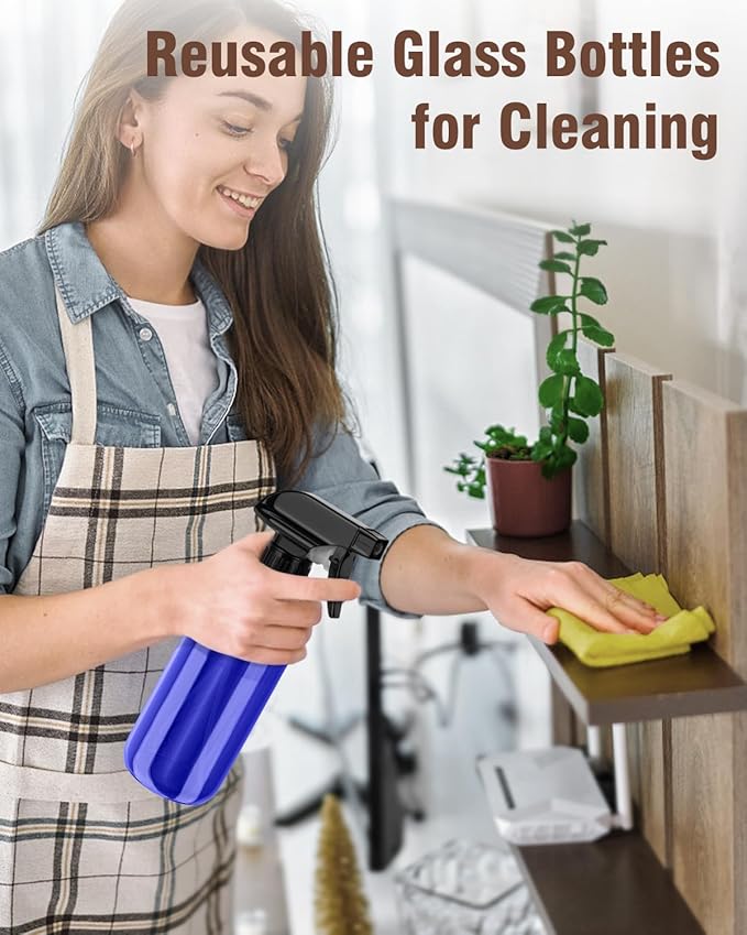 Bontip Glass Spray Bottle, Blue Glass Spray Bottle Set & Accessories Refillable for Plants Window Cleaners Aromatherapy Facial Hydration Watering Flowers Hair Care (2 Pack/8 oz) (Blue)