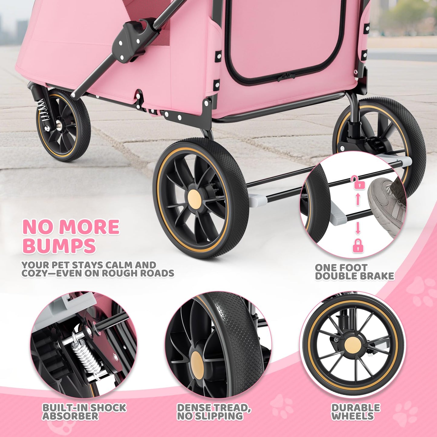 Magshion Pet Stroller for Medium Dogs w/Adjustable Handle, 3-Wheel Dog Cat Wagon w/Dual Entry, Rear Storage, Breathable Mesh, One-Foot Brake, Ideal for Large Pets up to 55 lbs, Pink