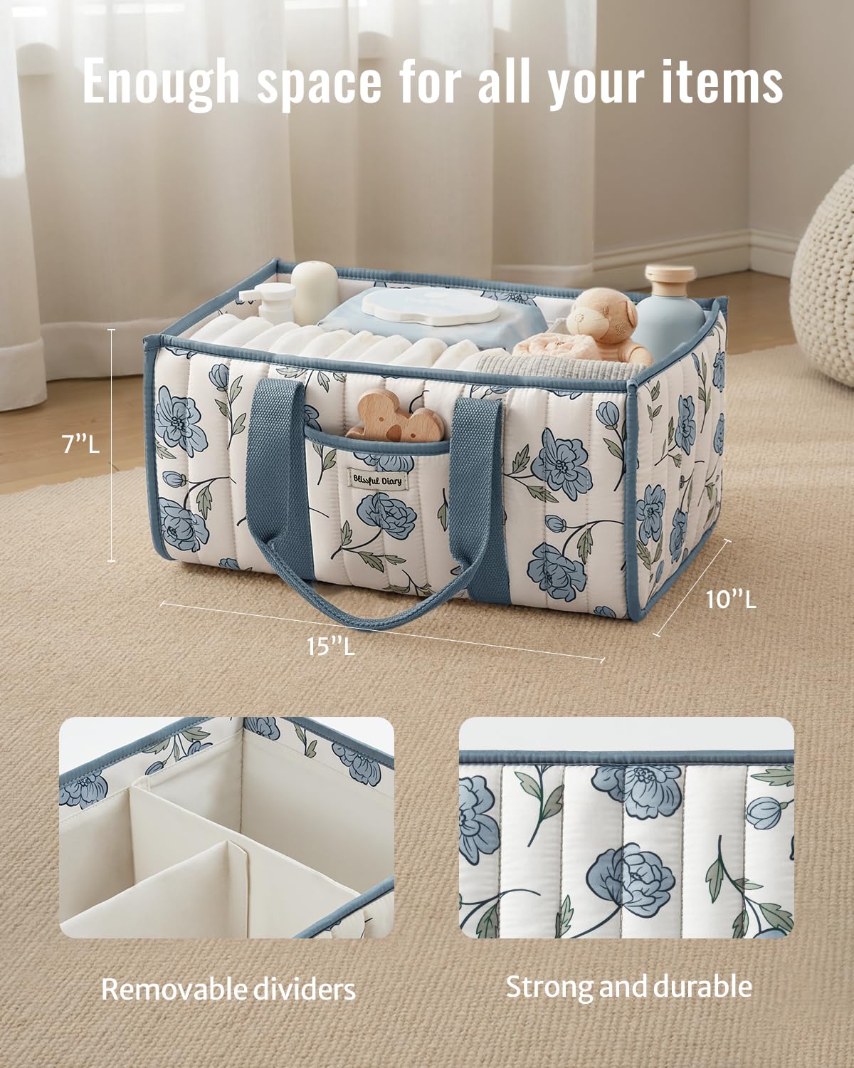 Blissful Diary Floral Diaper Caddy Organizer, Stylish Nursery Storage Basket, Gift for Baby Shower, Newborn Essentials, Peony Blue