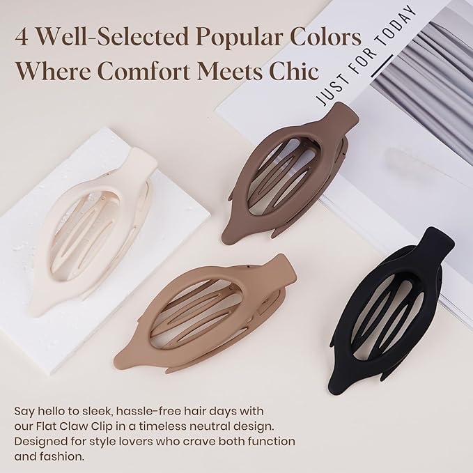 4 PCS Large Flat Hair Clips for Women Girls, French Concord Lay Down Flat Claw Clips for Thick Thin Hair, Comfortable Curved Hair Clip, Matte Non-slip Strong Hold Hair Accessories, Neutral