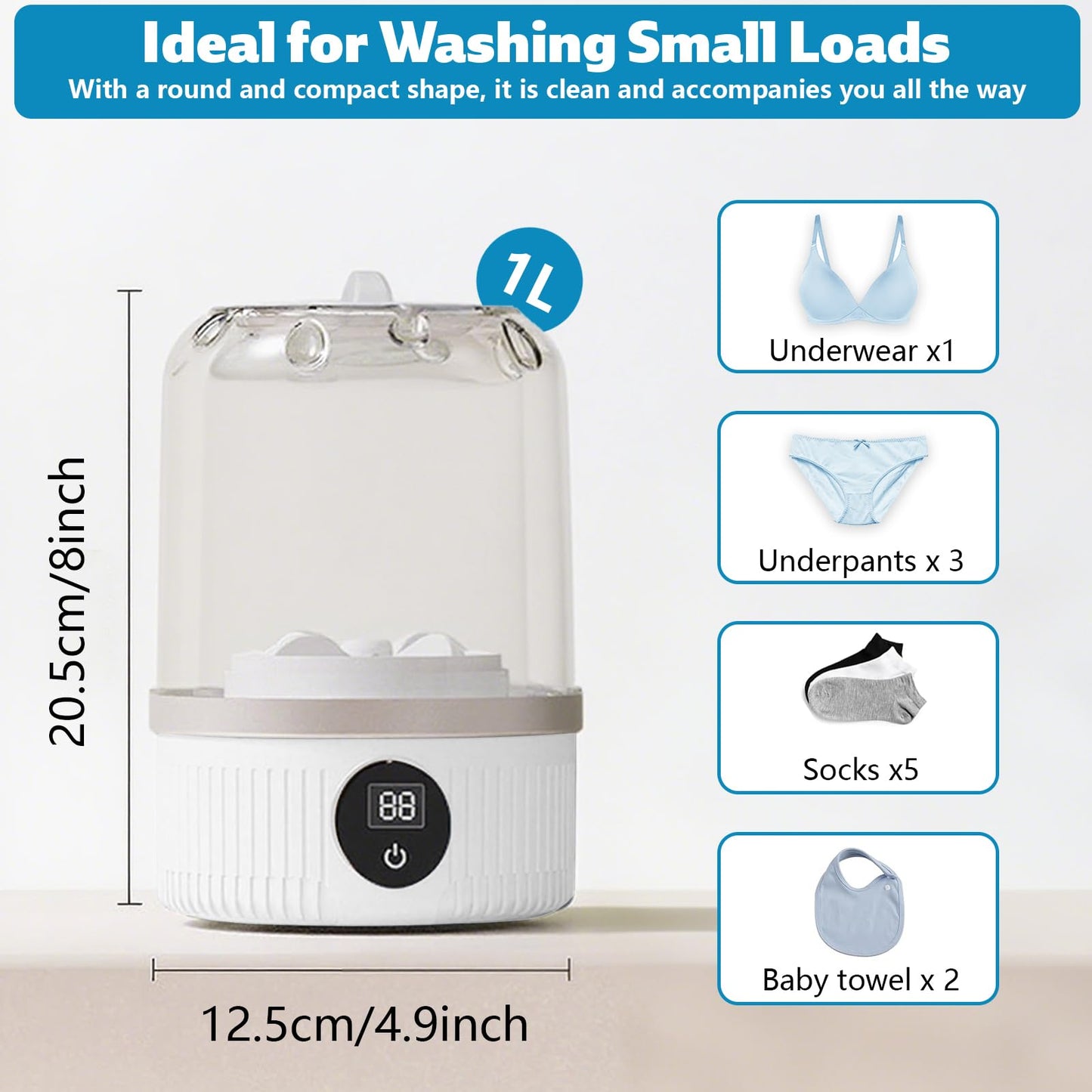 Portable Washing Machine, Underwear Washer, Small Washing Machines, Mini Washing Rechargeable Cordless Washing-Machine, Laundry Cup for Bra, Underwear, Socks (1 L capacity)