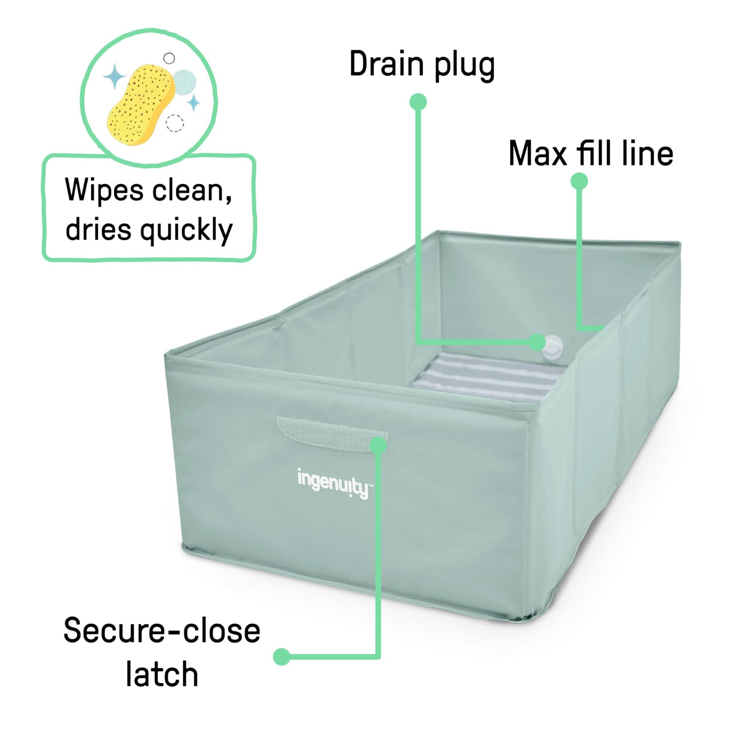Ingenuity Tuckaway Toddler Folding Tub, Converts Shower to Tub, Folds to Store, Easy to Clean, No Assembly Required, Portable Baby Bathtub for Travel, 12M-5Y, Green