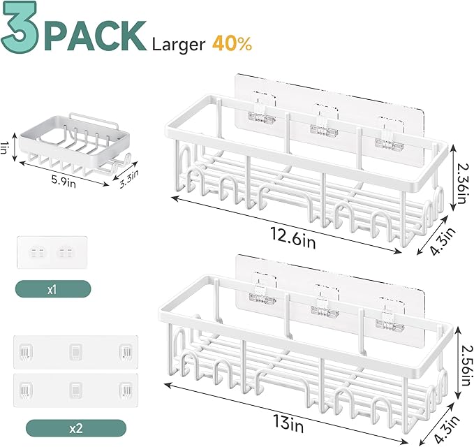 Veken Shower Caddy 3-Pack, Advanced Rustproof Design, No Drilling Adhesive Shelves, Rack with Soap Holder, Large Capacity Bathroom Organizers and Storage, Wall-Mounted Kitchen & Home Decor, White