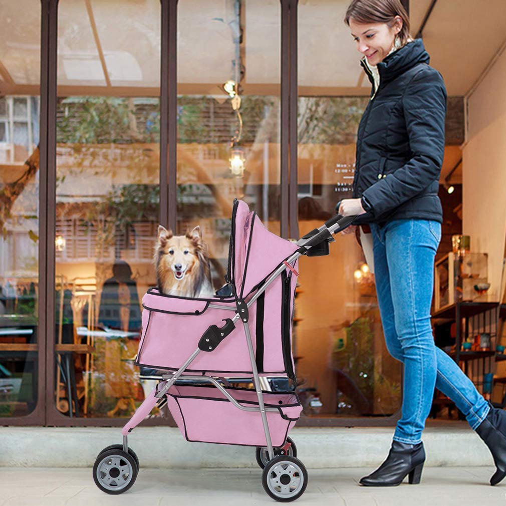 BestPet 3 Wheels Pet Dog Stroller Cat Cage for Medium Small Dogs Cats Travel Folding Carrier Waterproof Puppy Stroller with Cup Holder & Removable Liner,Pink