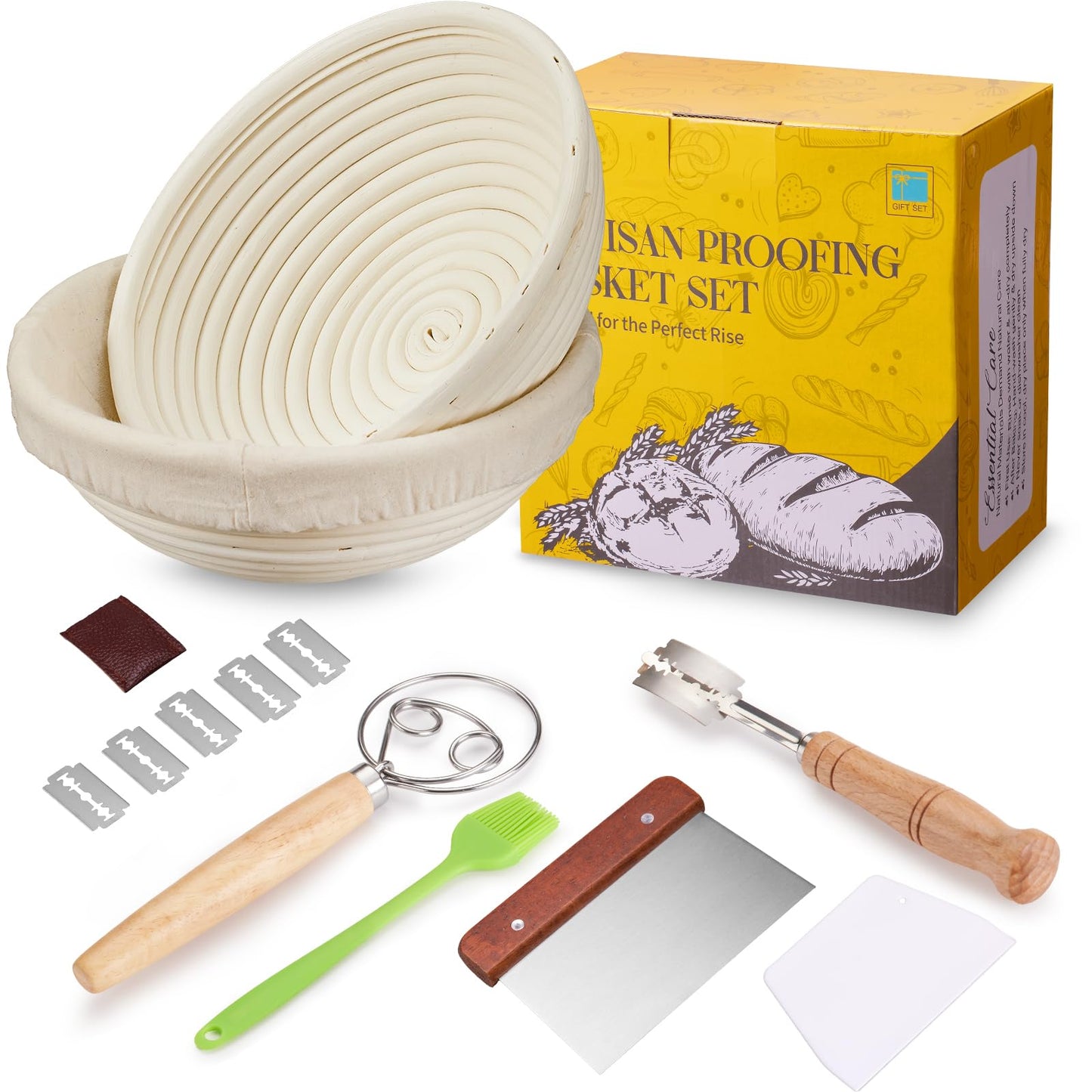 Dimpola Banneton Bread Proofing Basket Banneton Basket Set Sourdough Proofing Basket Round Proofing Bowls Handmade Rattan Baskets and Liners (Round of 2 Gift Set)
