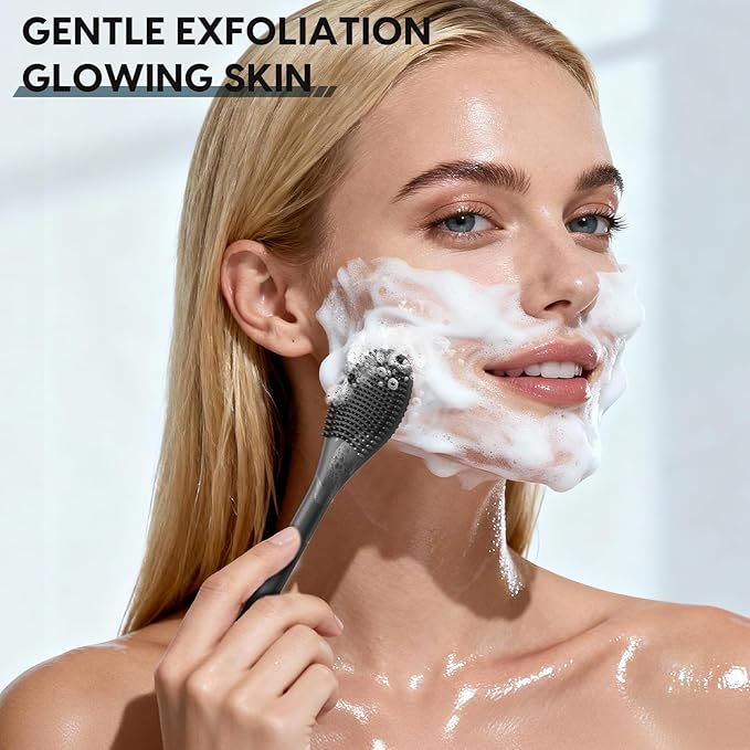 Silicone Facial Cleansing Brush - 2PC Double Ended Exfoliator for Deep Pore Cleaning, Blackhead Removal & Makeup Application - Soft, Hygienic & Waterproof Face Scrubber MassagerÃ¯Â¼ÂBlack+GrayÃ¯Â¼Â