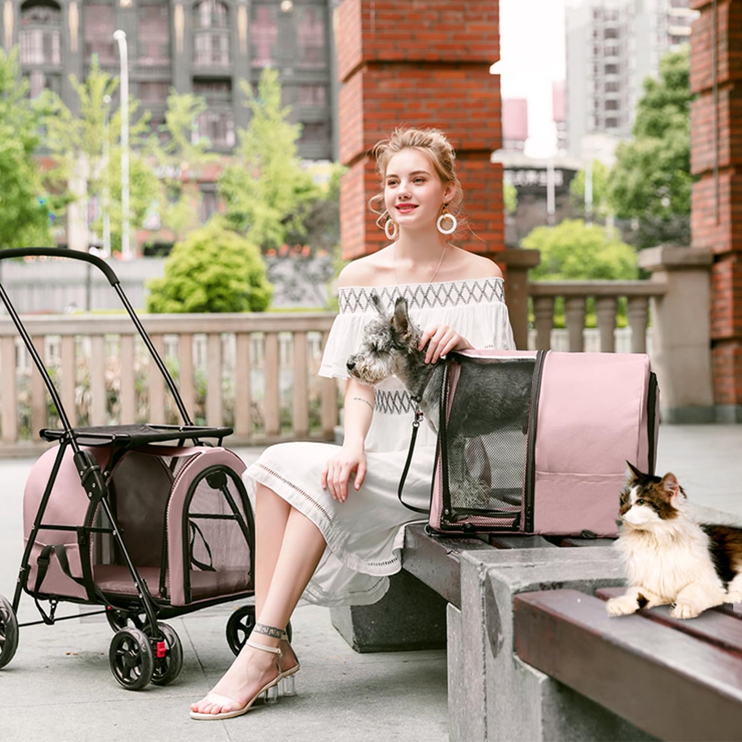 LPOTIUS Double Pet Stroller for Dogs and Cats with 2 Detachable Carrier, Quick-Folding Dog Stroller for Medium Small Dogs Cats, 4 Wheels, Light Pink