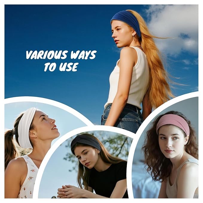 HSEM Headbands for Women, Non Silp Wide Hair Bands, Elastic Thick Head Bands, Stretchy Soft Sports Sweat Bands for Spa Workout Running Gym, Twist Knotted Cotton Cloth Turban Hair Accessories 6Pcs