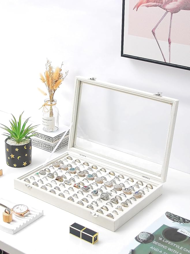 Ring Holder Organizer Box, Jewelry Display Case, Earring Necklace Storage Tray With Top Glass Lid (Beige, 100 Slots)