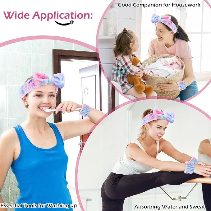 3PCS Spa Headband and Wristbands Set for Women, Soft Microfiber Face Wash Headband with Cute Bow, Elastic Absorbent Wrist Towels, Makeup Skincare Accessories for Facial, Shower, Yoga