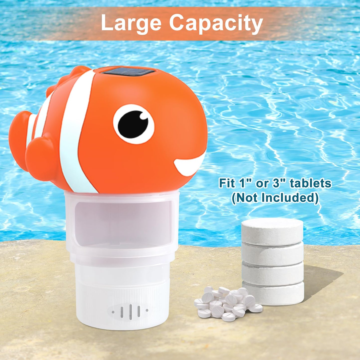 Covfirst Pool Chlorine Floater, Solar Floating Pool Chlorine Dispenser with Light, Adjustable Release, Large Size Spa Chemical Dispenser for 3 inch Tabs, Easy Opening Chlorines Floater for Hot Tub