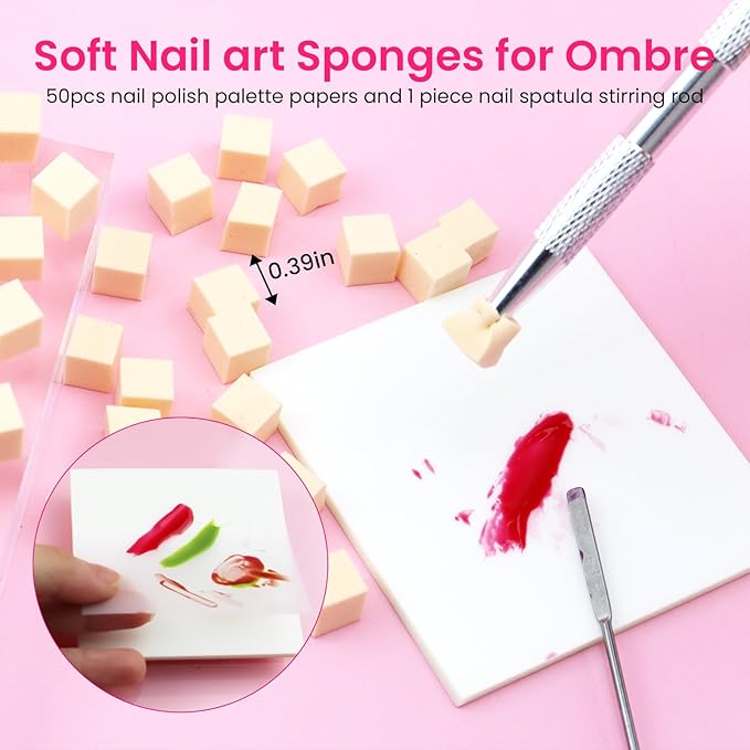 150PCS Nail Art Sponges for Ombre Nude, 50 PCS Nail Art Palette Paper, Nail Polish Mix Rod, Grabbing Pen, Nail Art Ombre Brushes Supplies Design Tools Nail Tech Accessories for Salon & Home
