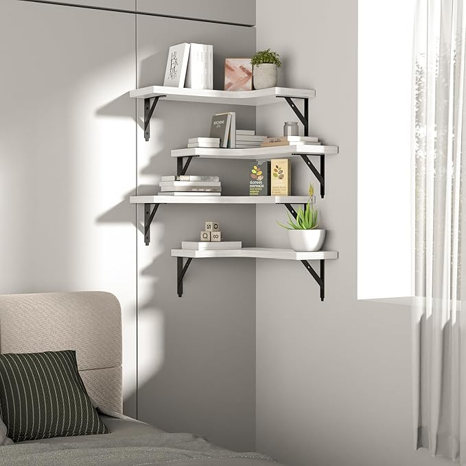 ROMGUAR CRAFT Corner Floating Shelves Wall Mounted Set of 4, Rustic Wood Storage Display Shelves for Home Decor, Bathroom, Kitchen, Bedroom, Living Room, Office (White)