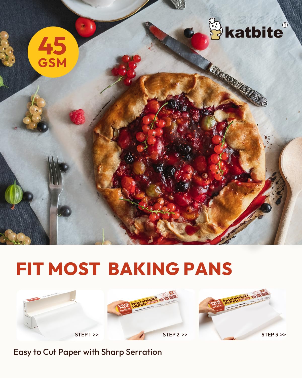 Katbite 15in x 242ft, 300 Sq.Ft Value Pack Parchment Paper Roll for Baking, Parchment Baking Paper with Serrated Cutter, Heavy Duty & Value Pack Roll for Cooking, Air Fryer, Steaming, Bread