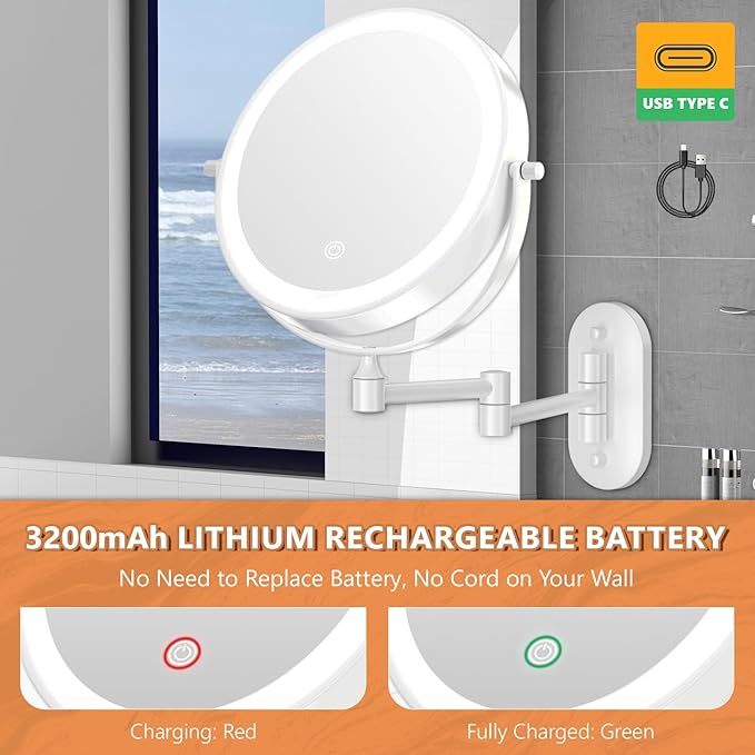 Auxmir 1X/30X Wall Mounted Makeup Mirror with Light, 8" Rechargeable Double-Sided Magnifying Mirror, Vanity Mirror Dimmable 3 Color Light, 360° Extension Rotation Foldable 14.5 Inch Arm, White