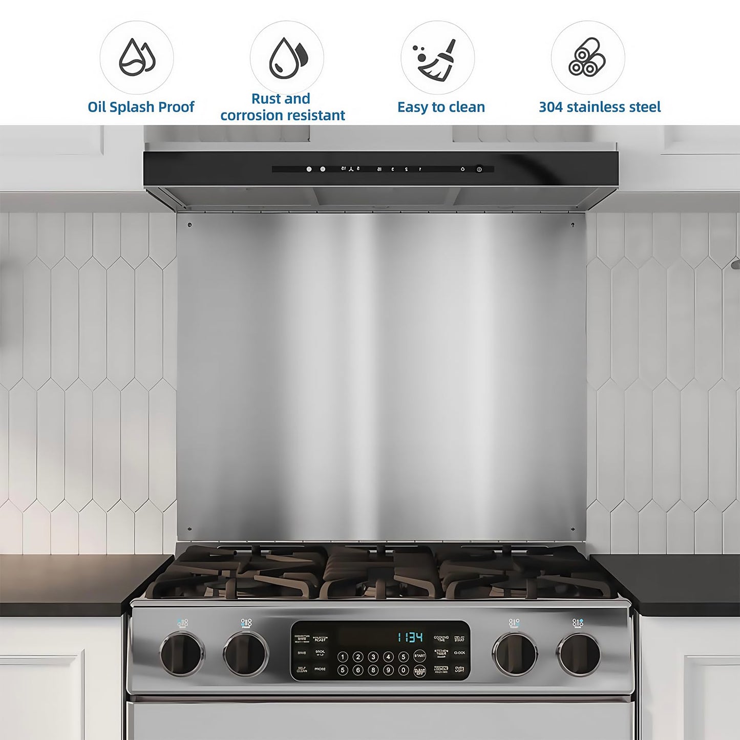 24 x 30-inch Reversible Stainless Steel Backsplash for Kitchen wall，Splatter Guard and Cooking Shield， Range Hood Accessories to Keep Kitchen Clean， Four Pre Drilled Holes for Easy Installation