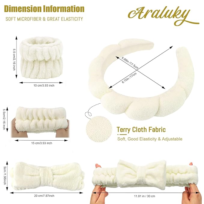 6 Pcs Puffy Spa Headband and Wristbands, Beige, Hairband for Washing Face Skincare, Absorbent Headband for Shower, Yoga, Makeup, Unisex-Adults
