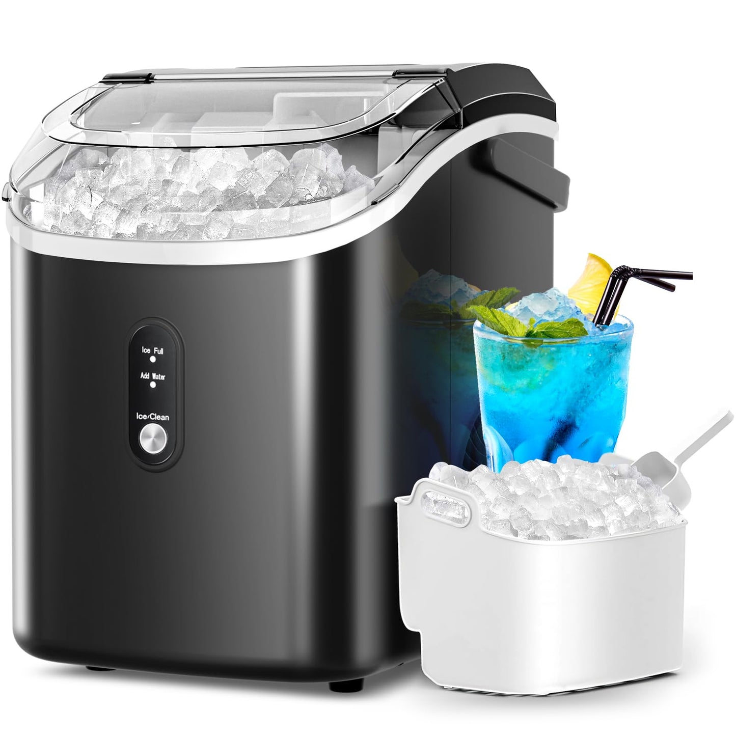 Nugget Ice Maker Countertop with Self-Cleaning Function, 35lbs/Day, Portable Ice Machine with Handle, One-Click Operation, Compact Design, Sonic Pellet Ice for Home(Red)