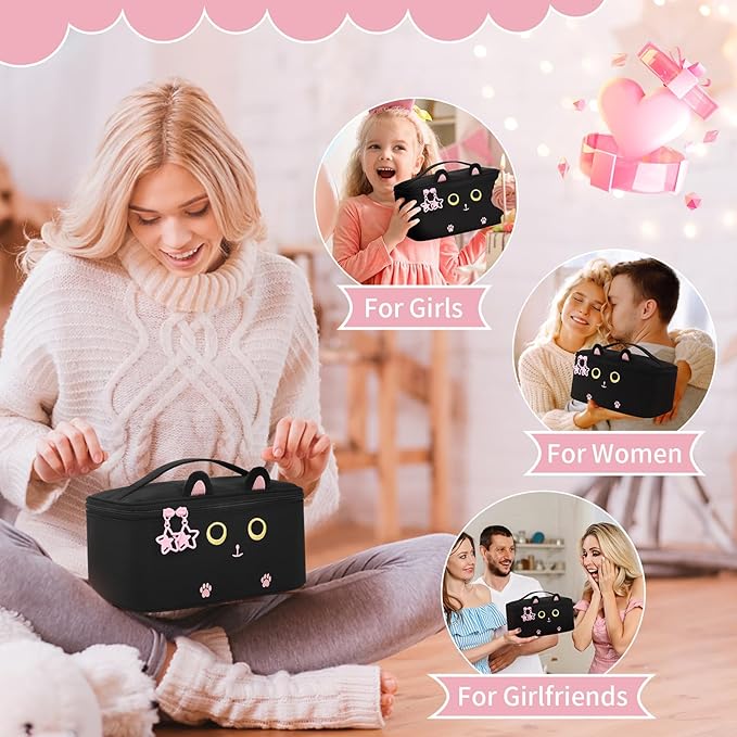 OCHEAL Makeup Bag,Travel Makeup Organizer Bag, Cute Cosmetic Bags for Women Girls Travel Toiletry Bag Traveling With Brush Slot And Divider-Cat