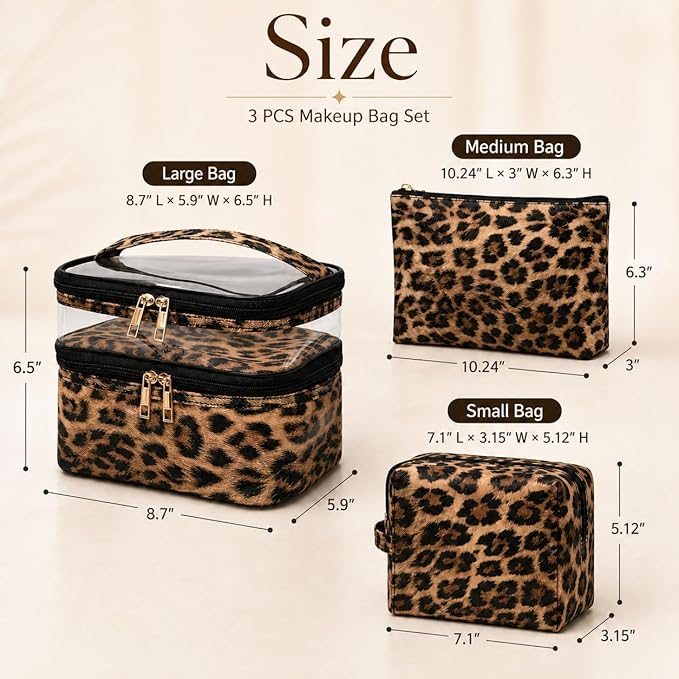 3PCS PU Leather Makeup Bag, Large Travel Cosmetic Pouch, Cute Toiletry Organizer for Women, Set of 3