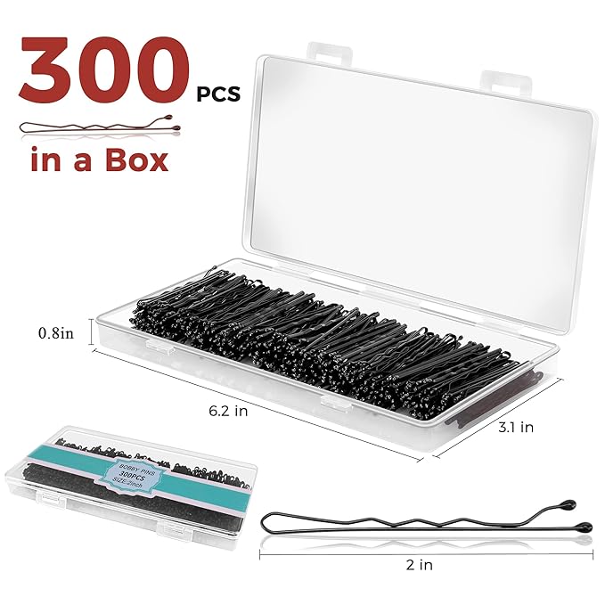 300 Pcs Bobby Pins Black, Hair Pins for Women Girls and Kids, Invisible Wave Hair clips Bulk with Storage box, Pain-Free Hairpins（2 Inch Black）