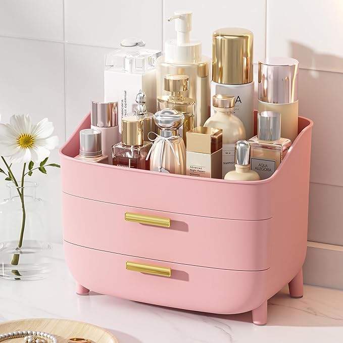 Vtopmart 3-Tier Skincare Makeup Organizer with Drawers for Vanity and Bathroom Countertop, Large Cosmetic Storage Box Case for Dresser, with Non-Slip Base, Pink