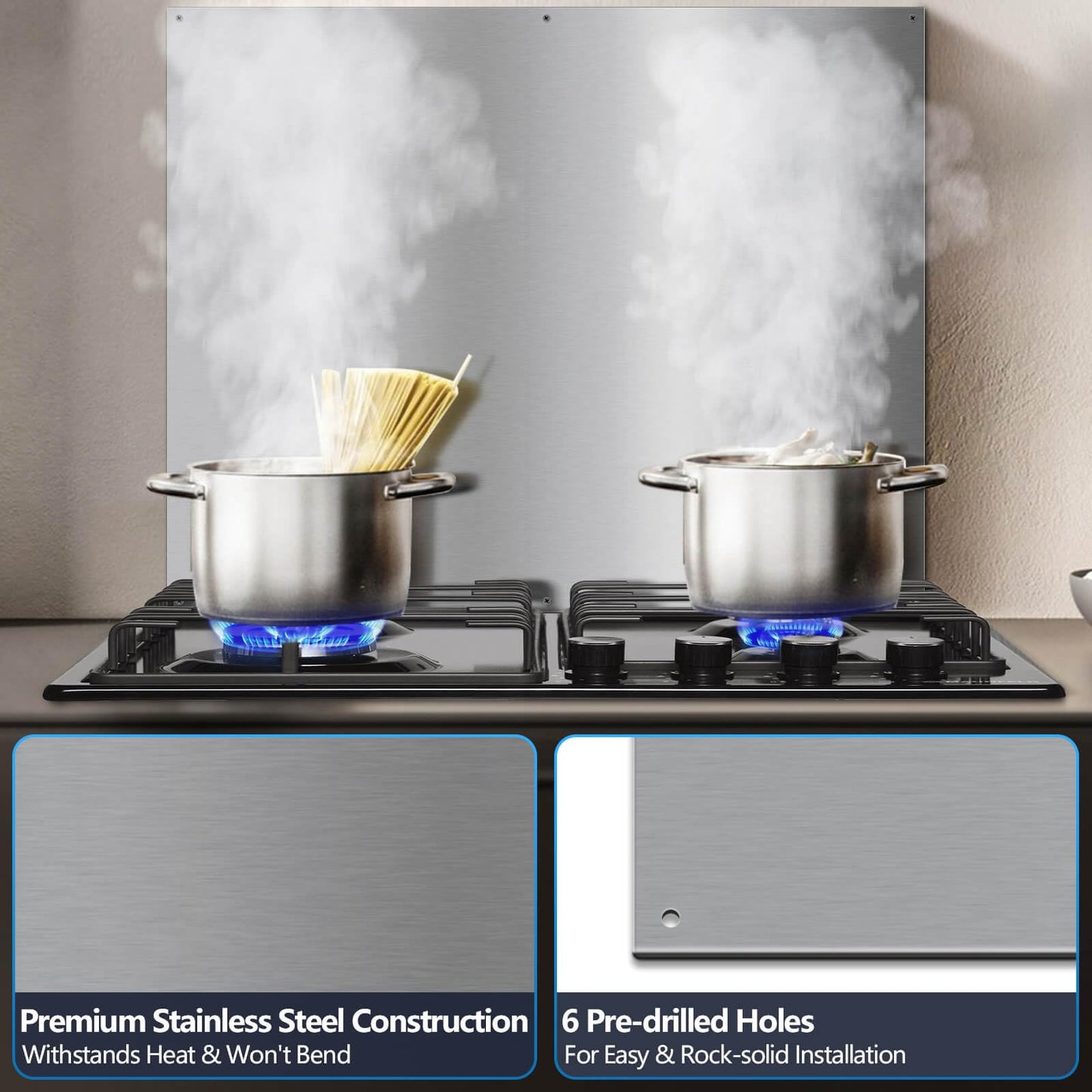 SNDOAS Stainless Steel Backsplash for Stove 30"x24" Stove Backsplash Protector for Wall w/ 6 Pre-Drilled Holes,Ultra Thin Brushed Metal Panel Splatter Guard, Heat&Oil Resistant,Easy Install