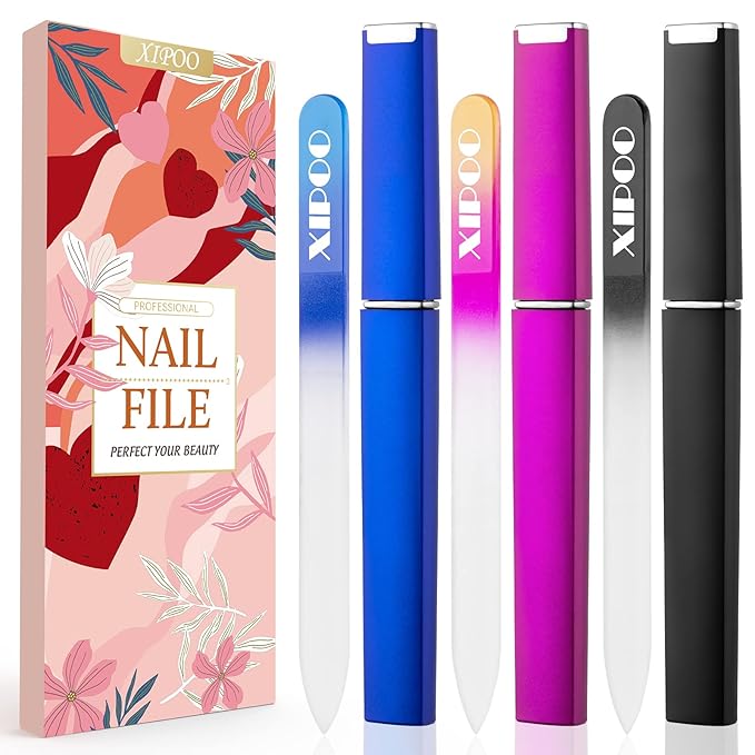 XIPOO Premium Glass Nail Files - 3 Pack with Case, Crystal, Salon Manicure Tool for Natural Nails, Gift for Women and Girls